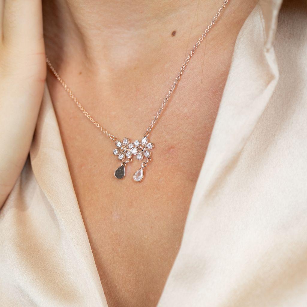 Two Floral Zircon Crystal Dokiya Pendant Dangle Necklace by THE COLOURFUL AURA