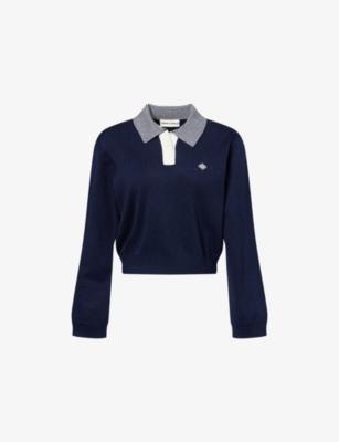 Striped-Collar Embroidered-Logo Polo Top by THE COUTURE CLUB
