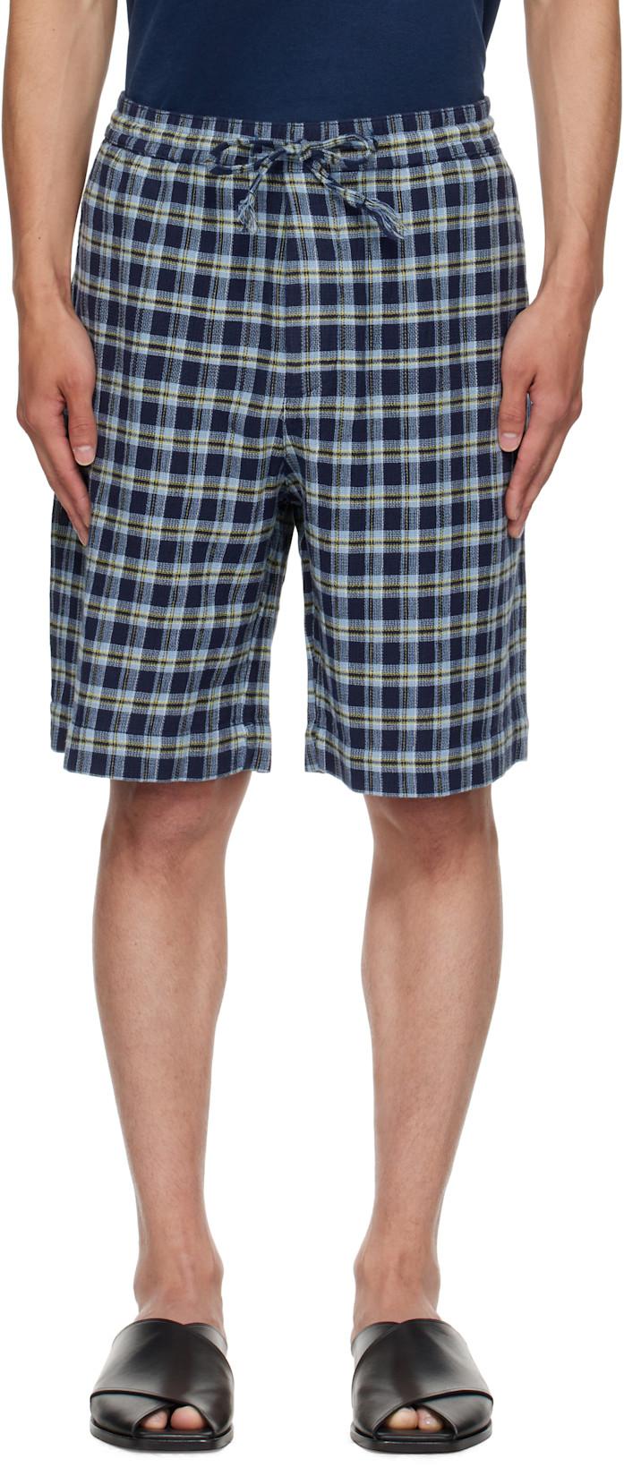 Navy Dune Plaid Fringe Beach Shorts by THE ELDER STATESMAN