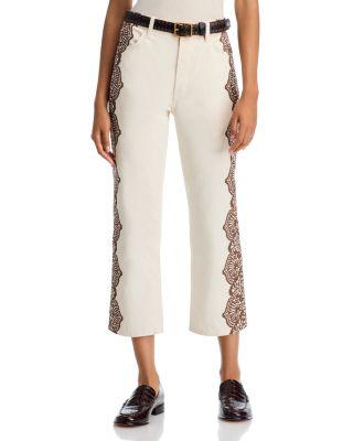 The Lace Print Wayn High Rise Cropped Jeans in Cream with Brown by THE GREAT
