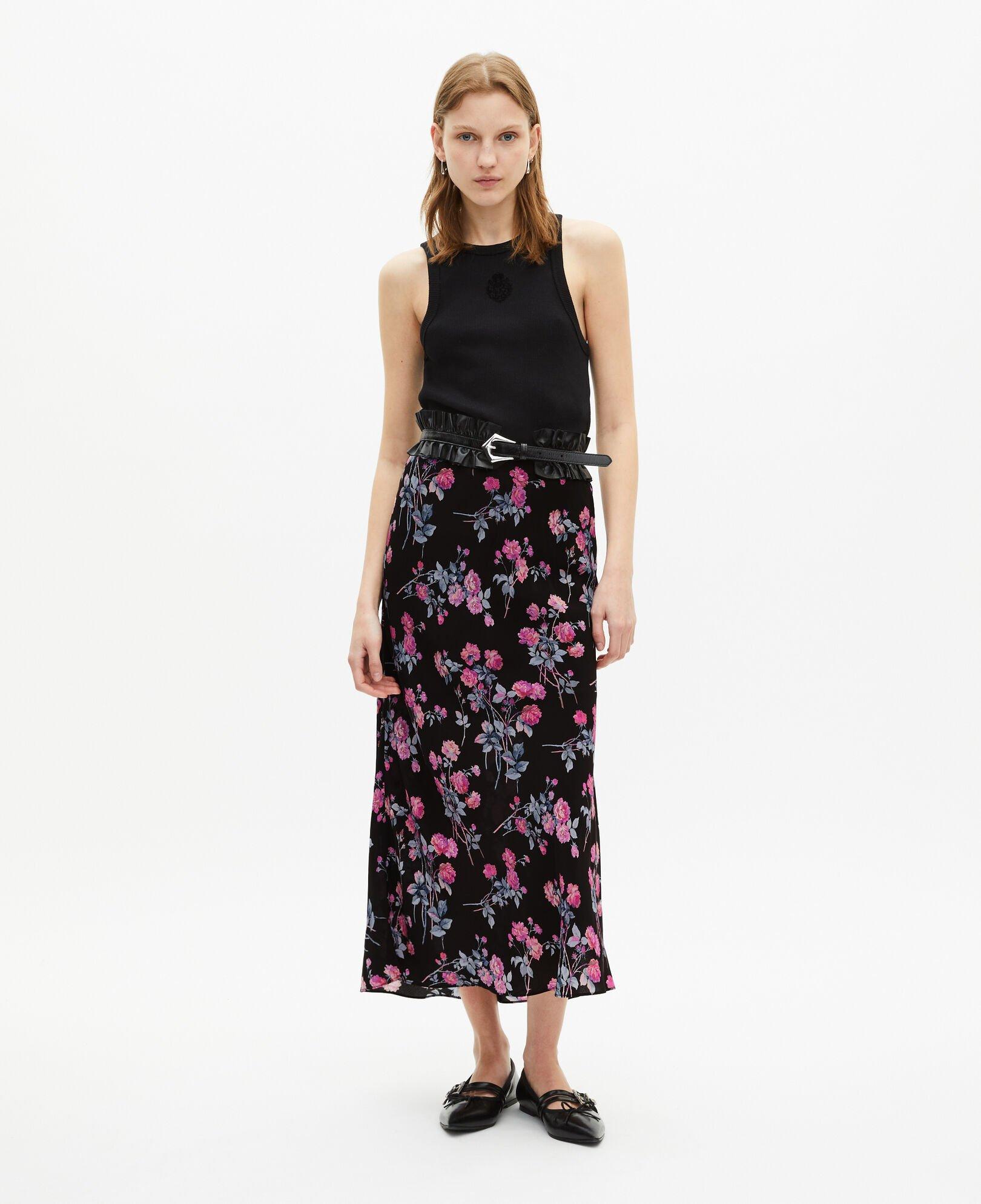 Black floral print long skirt by THE KOOPLES