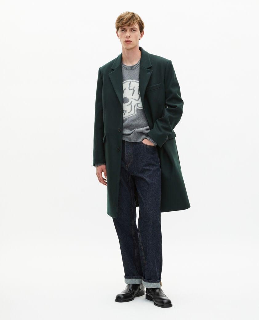 Dark green wool coat with leather lapel collar by THE KOOPLES