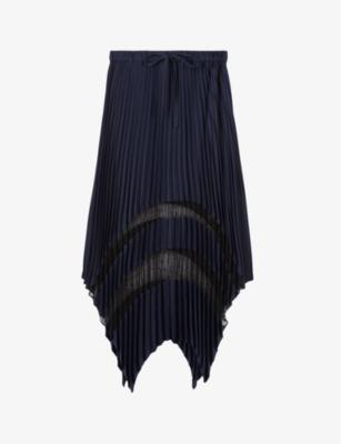 Lace-embroidered asymmetric-hem pleated woven midi skirt by THE KOOPLES