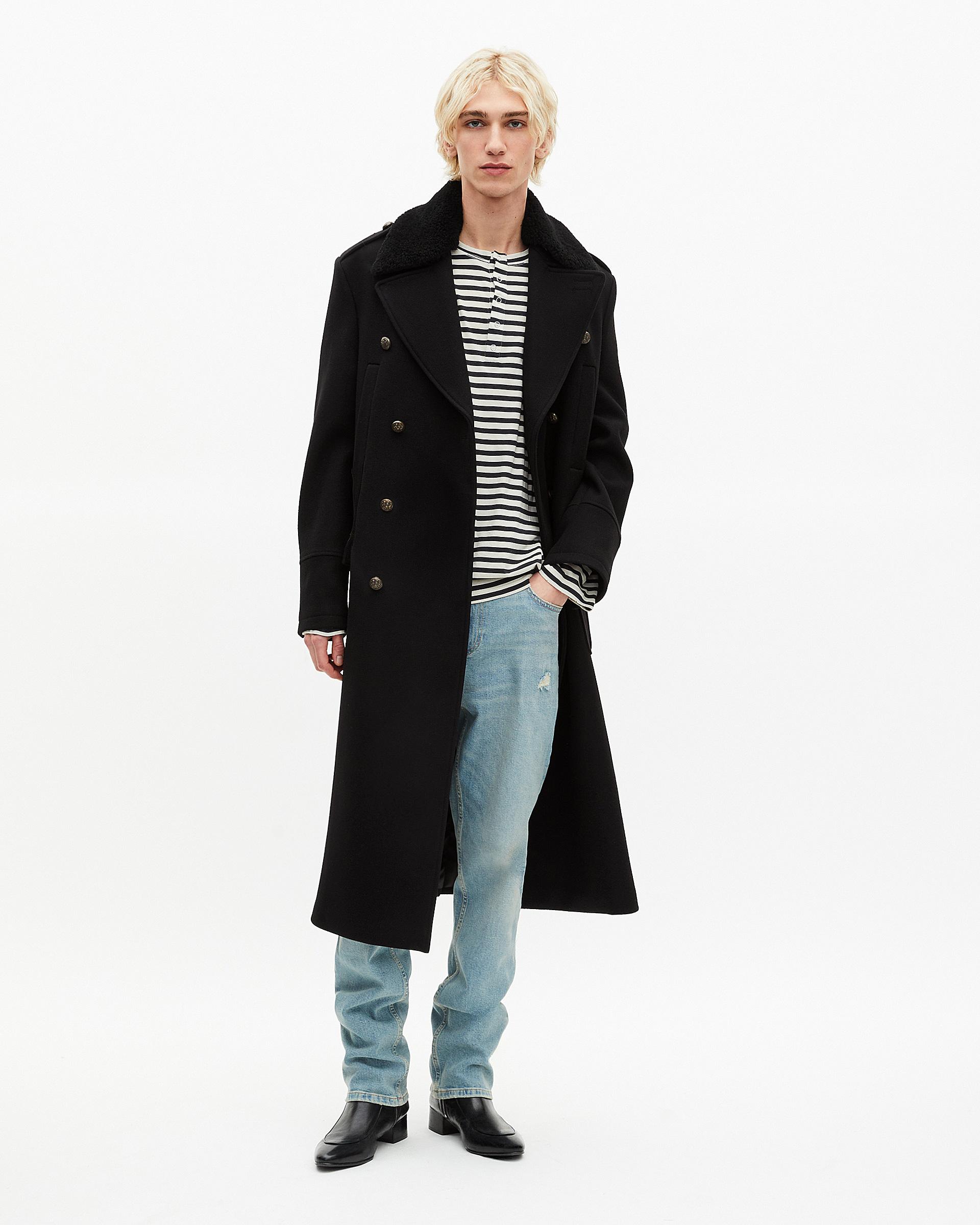 Long black wool coat with sherpa collar by THE KOOPLES Long black wool coat with sherpa collar by THE KOOPLES