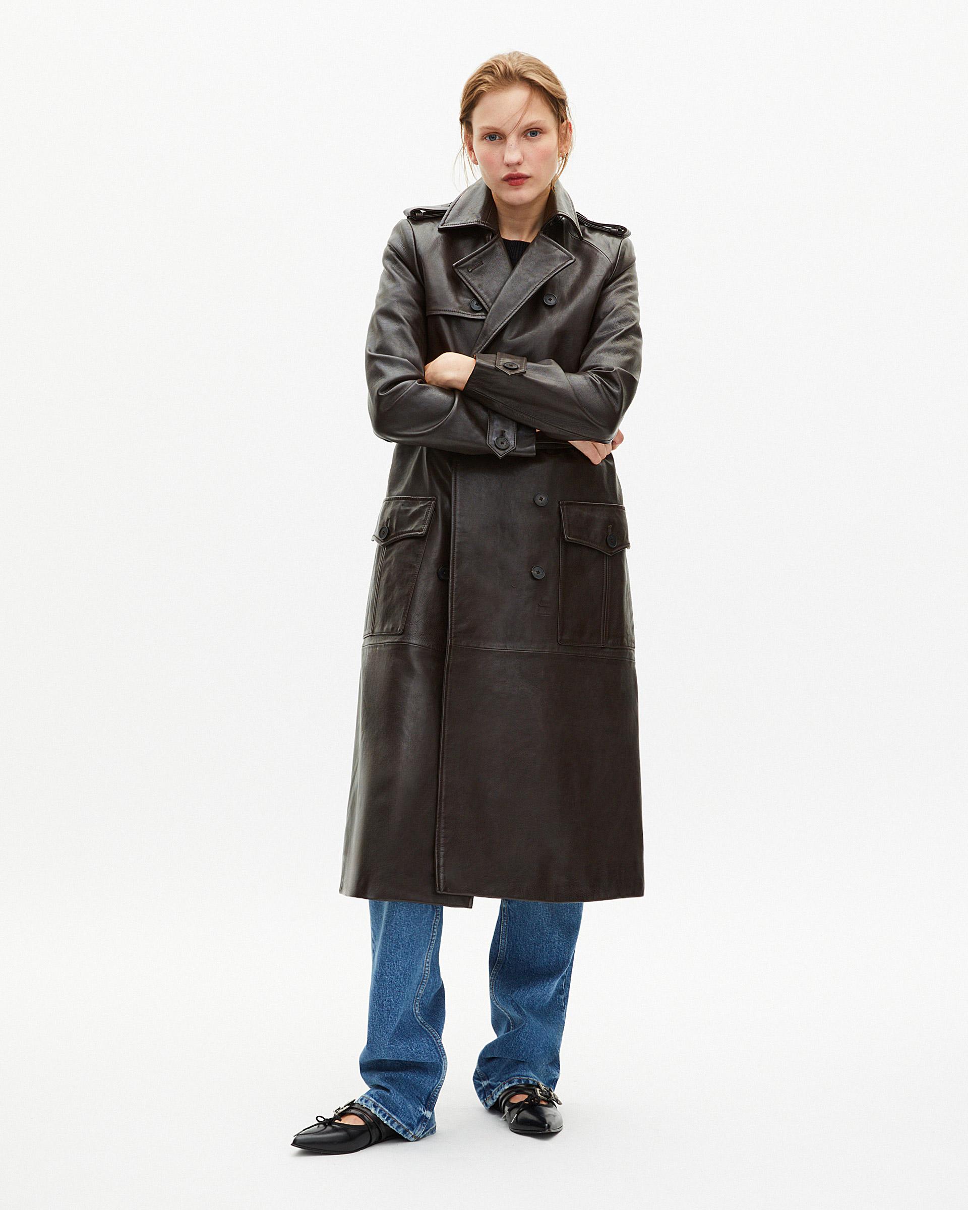 Long brown leather trench coat by THE KOOPLES