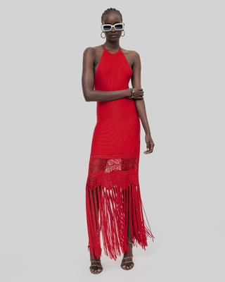 Red mesh fringed halter dress by THE KOOPLES