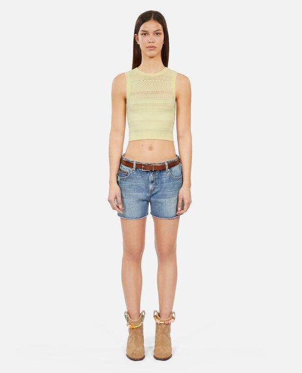 Short light yellow openwork knit top by THE KOOPLES