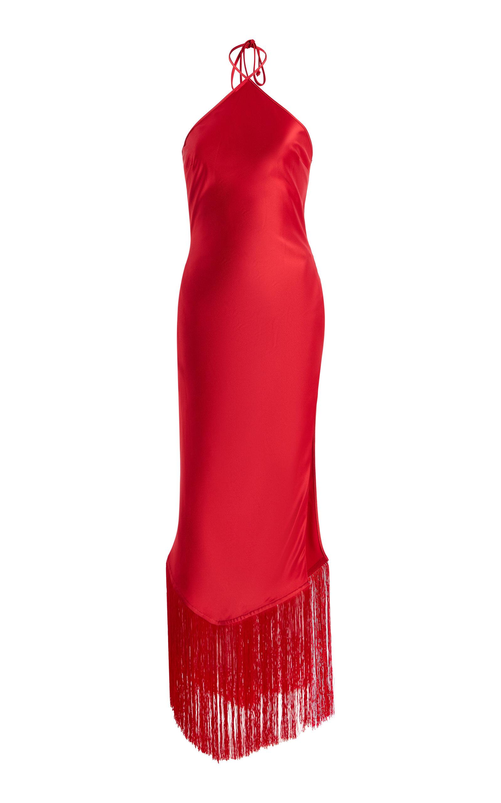 The New Arrivals Ilkyaz Ozel Exclusive Blânca Fringed Satin Midi Halter Dress - Moda Operandi by THE NEW ARRIVALS ILKYAZ OZEL