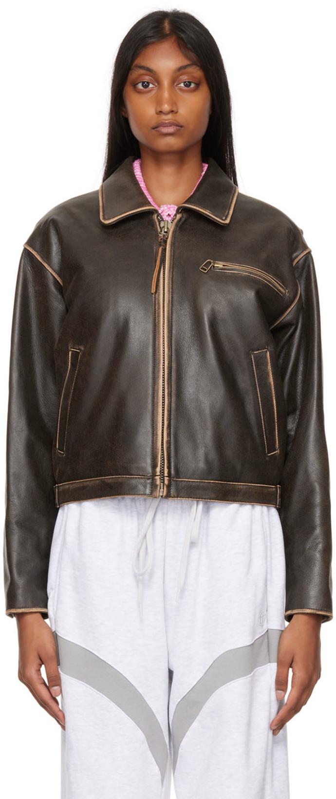 Brown Biker Leather Jacket by THE OPEN PRODUCT