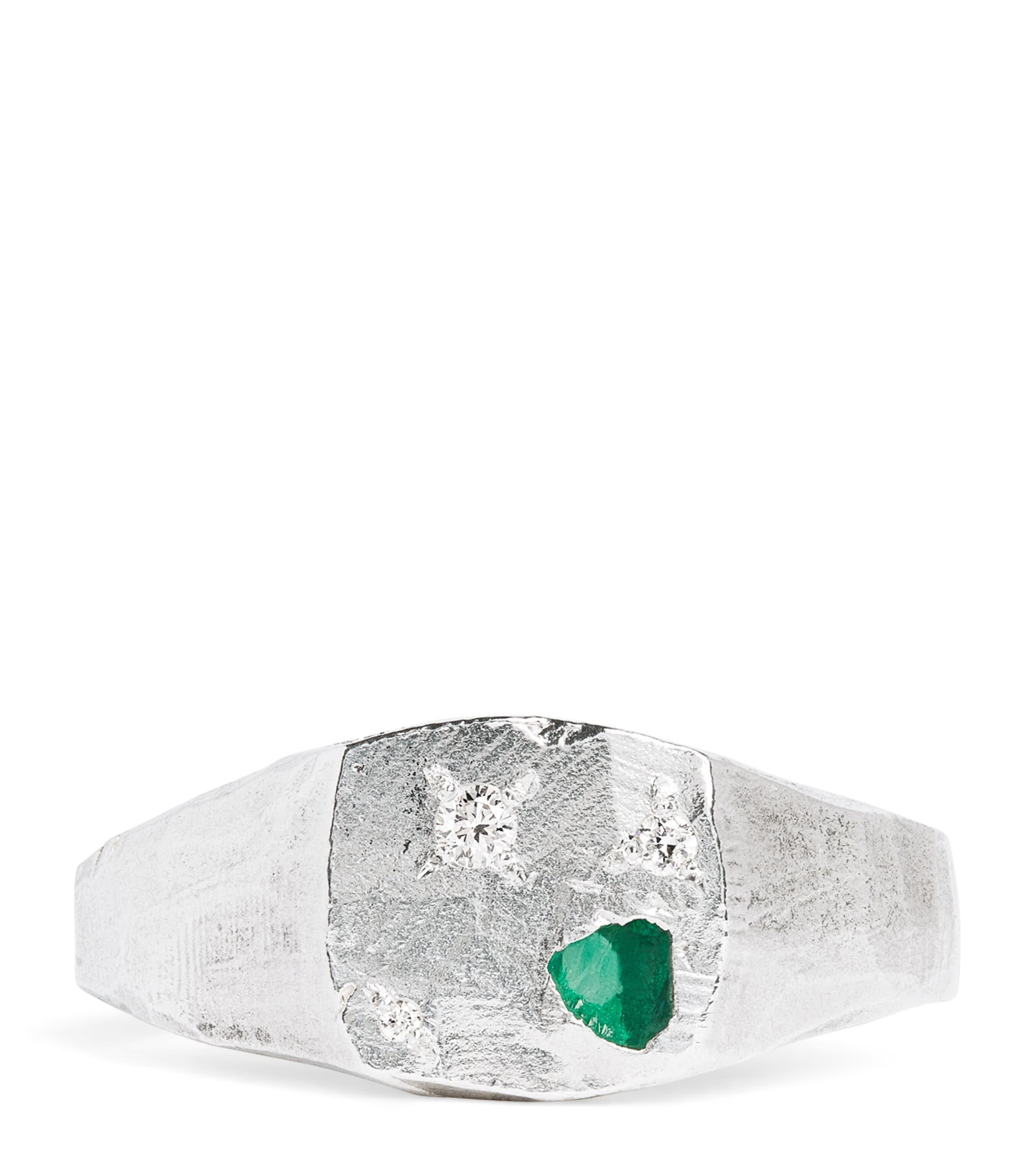 THE OUZE Sterling Silver and Emerald Scatter Signet Ring by THE OUZE