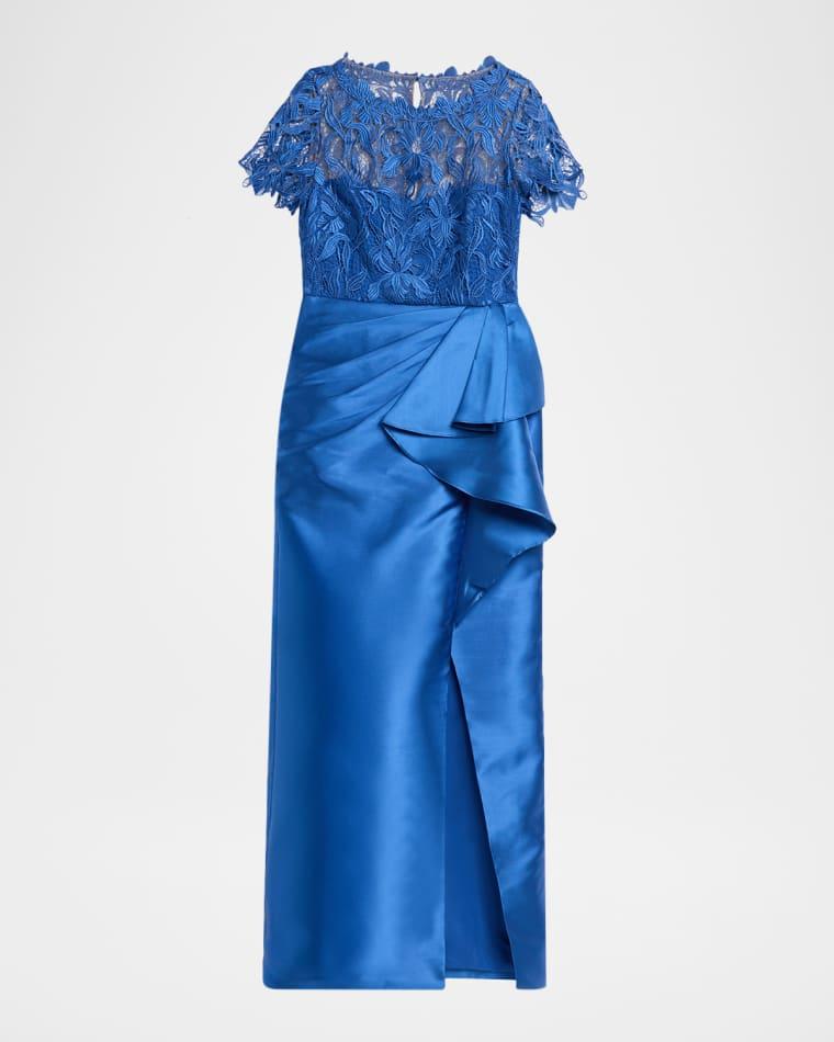 Selena Draped Floral Lace & Mikado Column Gown by THEIA