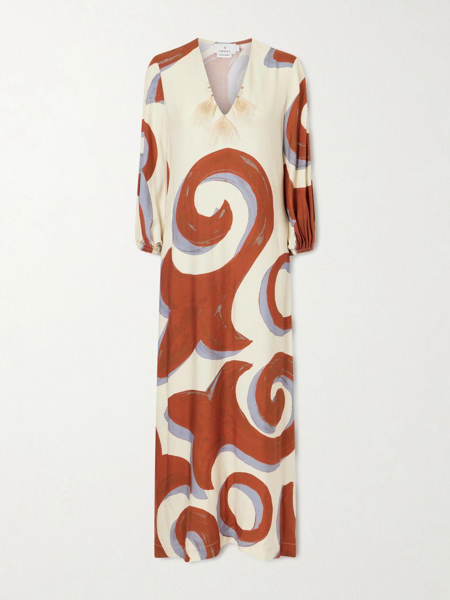 Kyra feather-trimmed printed crepe maxi dress by THEMIS Z