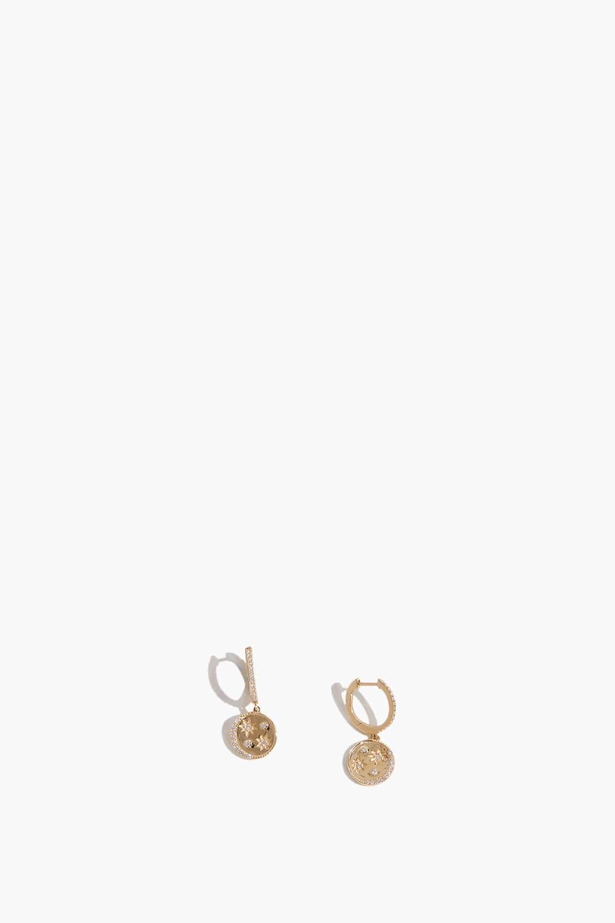 Huggies with Constellation Disk Drops in 14K Yellow Gold by THEODOSIA