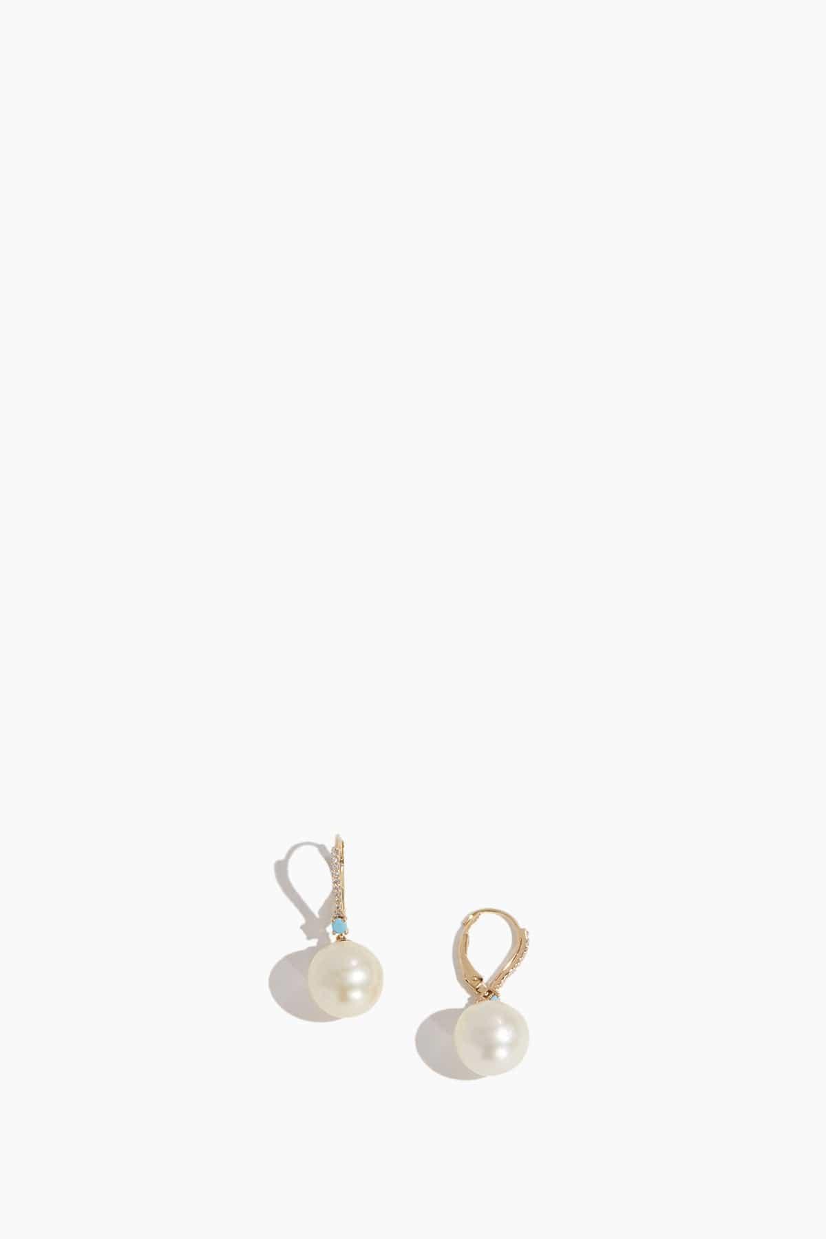 Pearl and Turquoise Drop Huggies in 14k Yellow Gold by THEODOSIA