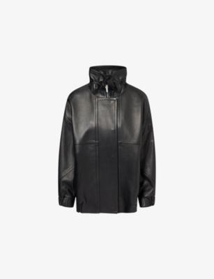 Funnel-Neck Collared Leather Bomber Jacket by THEORY