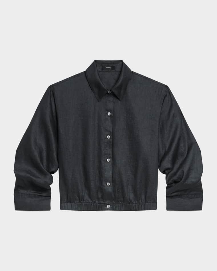 Ruched-Sleeve Cropped Linen Shirt by THEORY