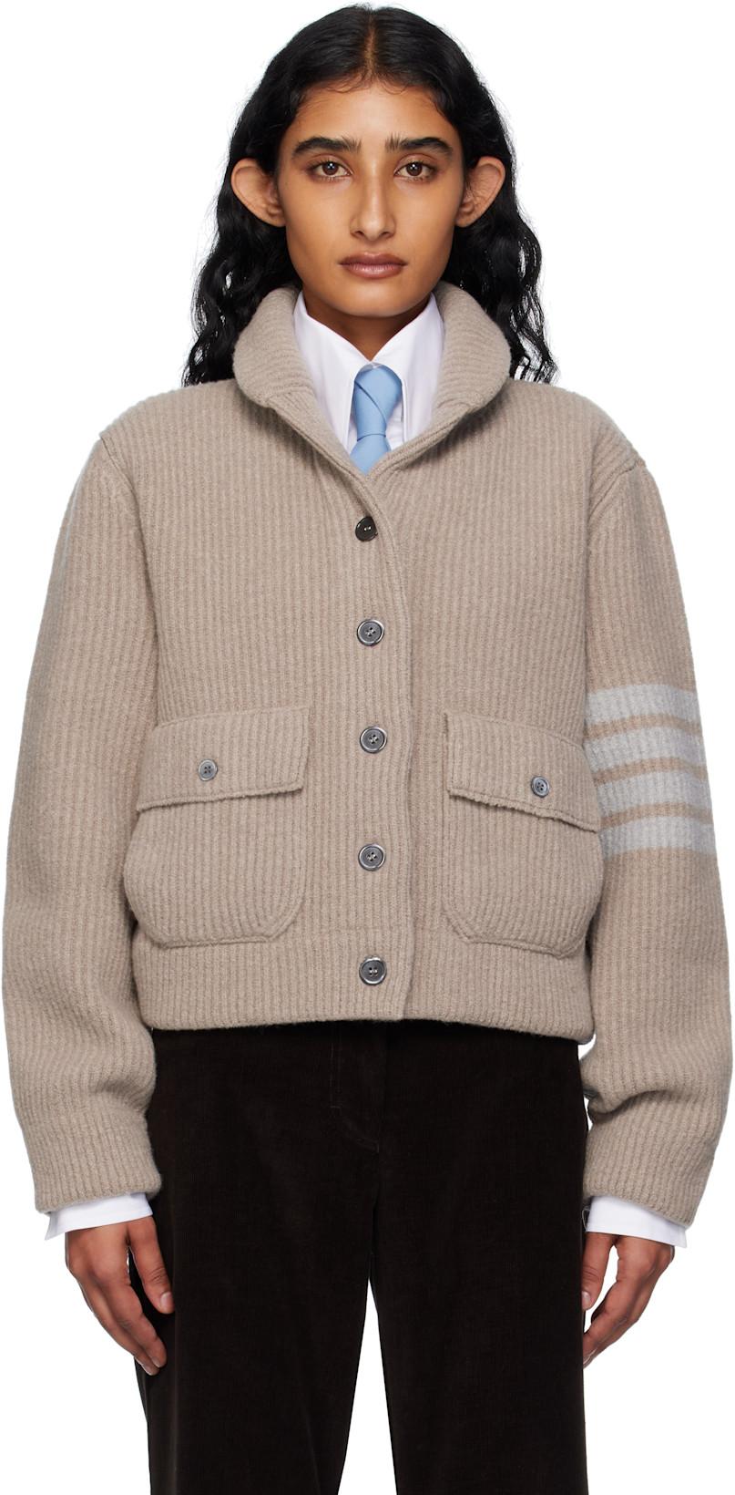 Beige Boiled Merino Wool 4-Bar Bomber Cardigan by THOM BROWNE