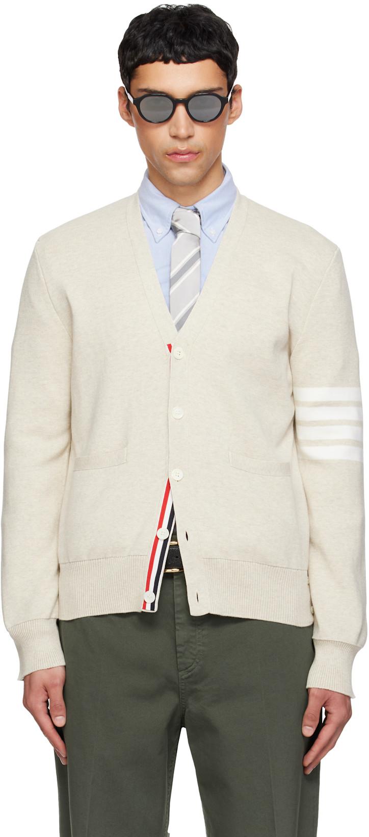 Beige Cotton Crepe 4-Bar Milano Stitch Cardigan by THOM BROWNE