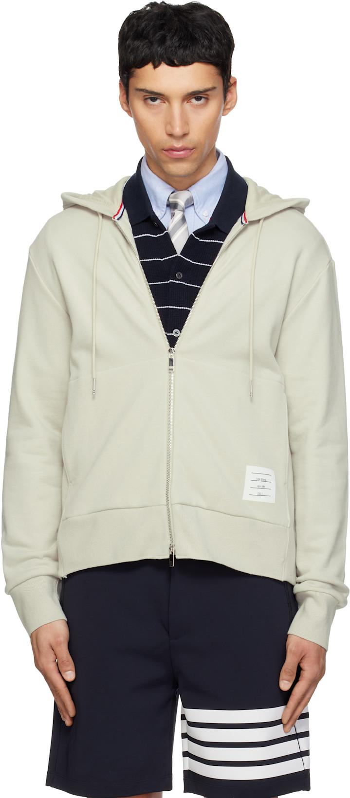 Beige Loopback Jersey 4-Bar Zip Up Hoodie by THOM BROWNE