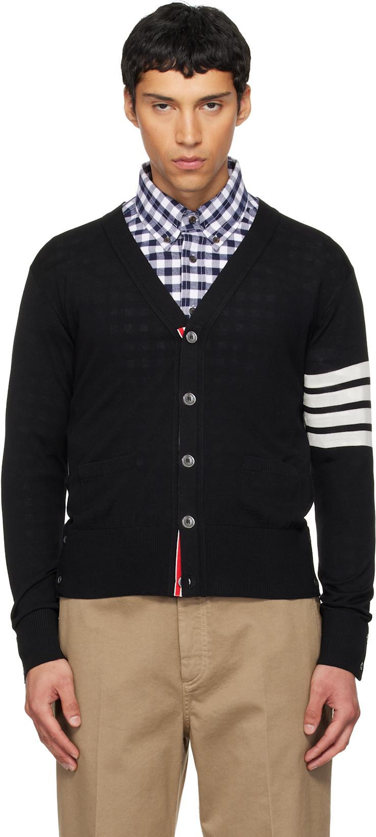 Black Merino Wool 4-Bar Classic V-Neck Cardigan by THOM BROWNE