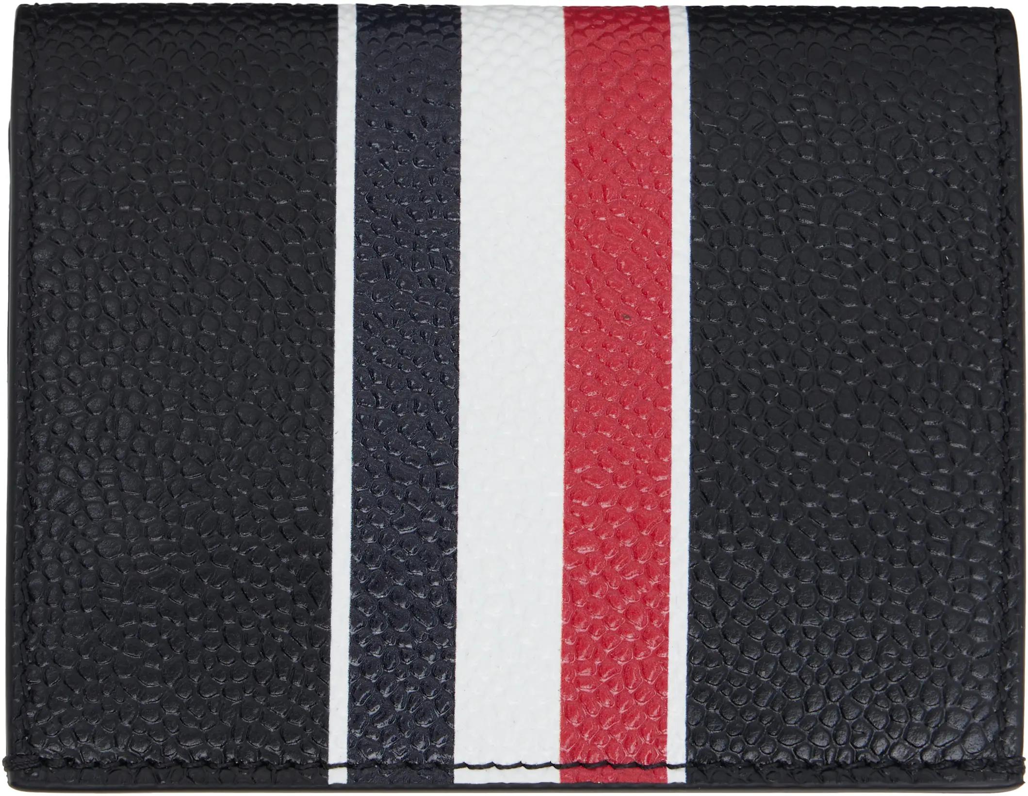 Black Pebble Grain RWB Stripe Double Card Holder by THOM BROWNE