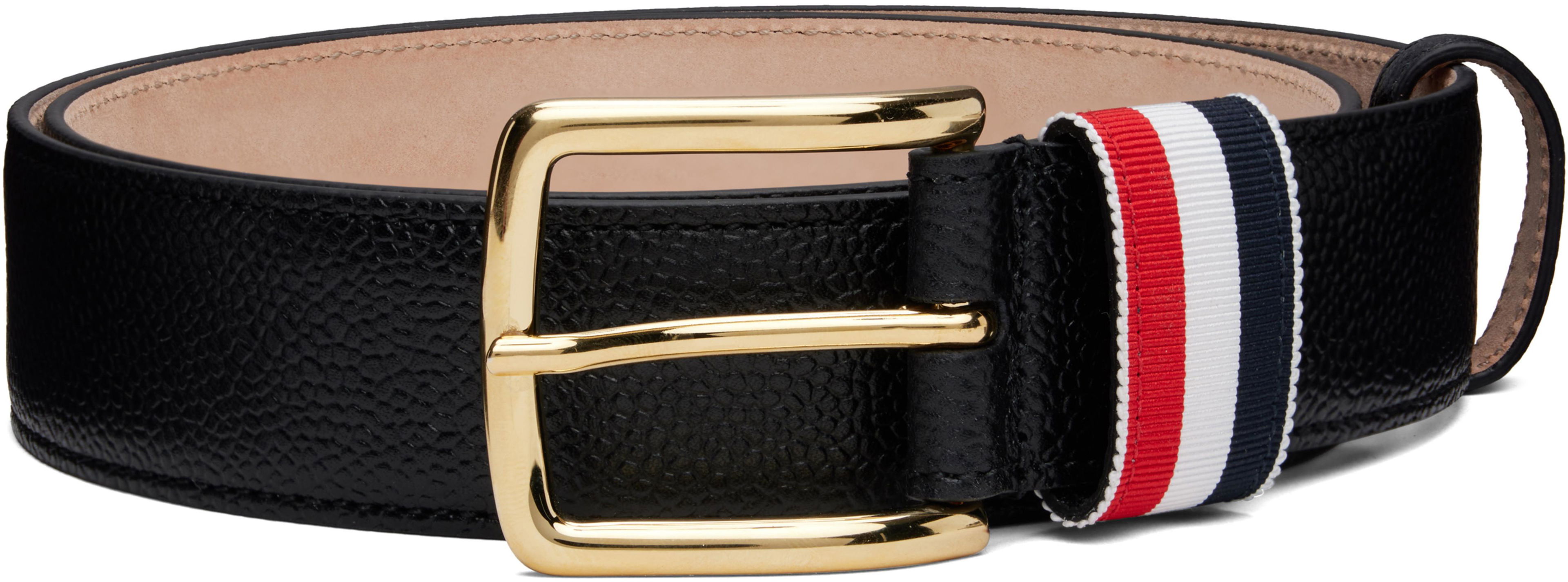 Black Pebble Grain Striped Loop Belt by THOM BROWNE