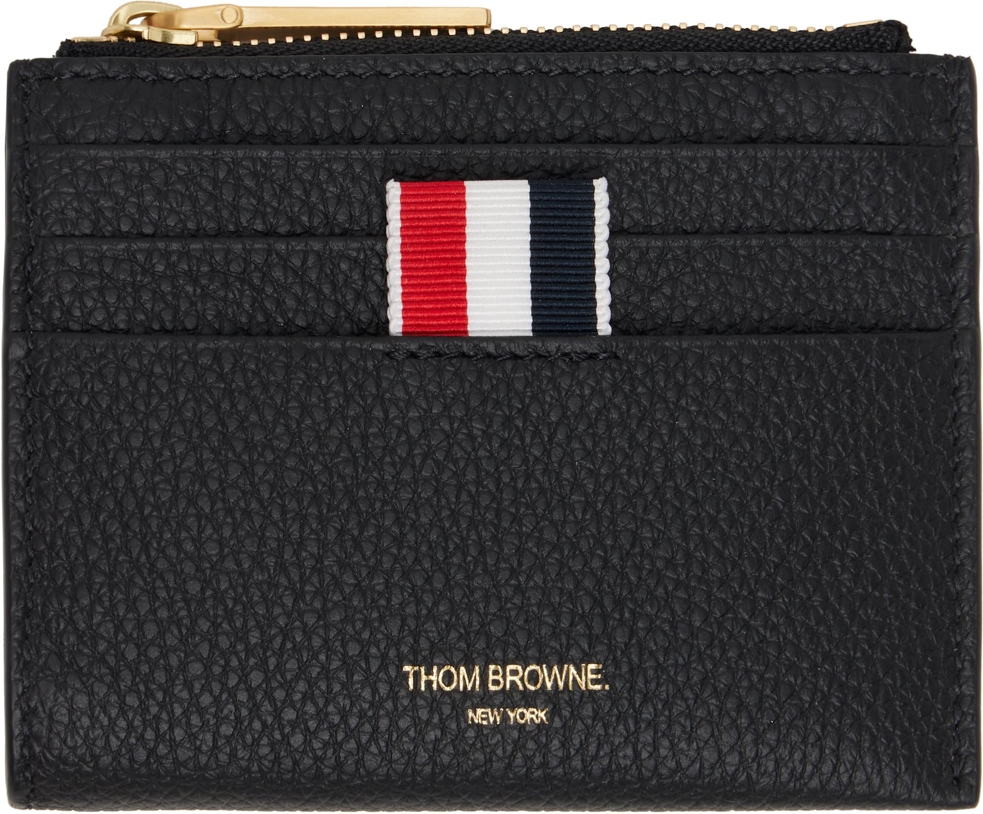 Black Soft Pebble Grain Zip Top Card Holder by THOM BROWNE