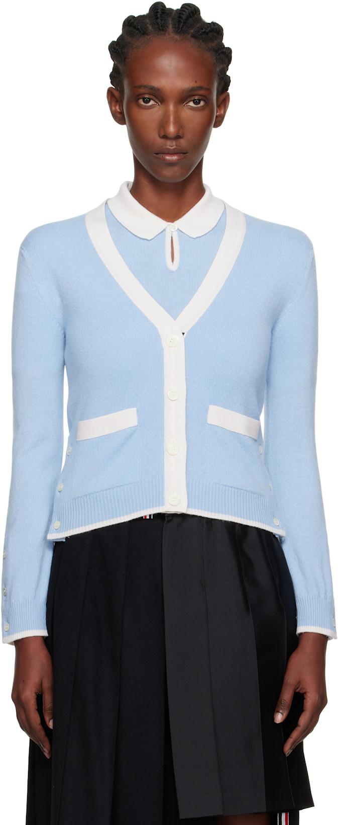 Blue Jersey Stitch Cashmere V-Neck Cardigan by THOM BROWNE