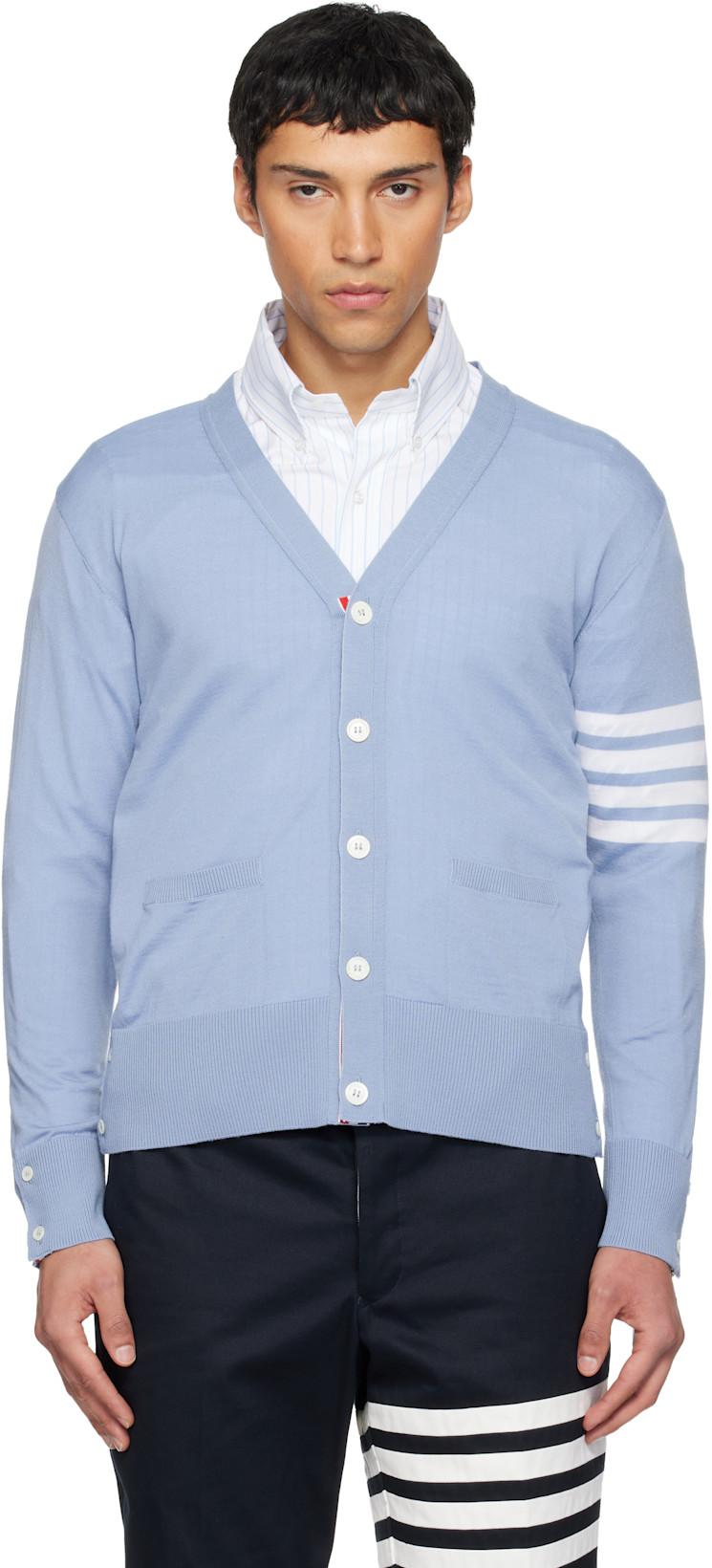 Blue Merino Wool 4-Bar Classic V-Neck Cardigan by THOM BROWNE