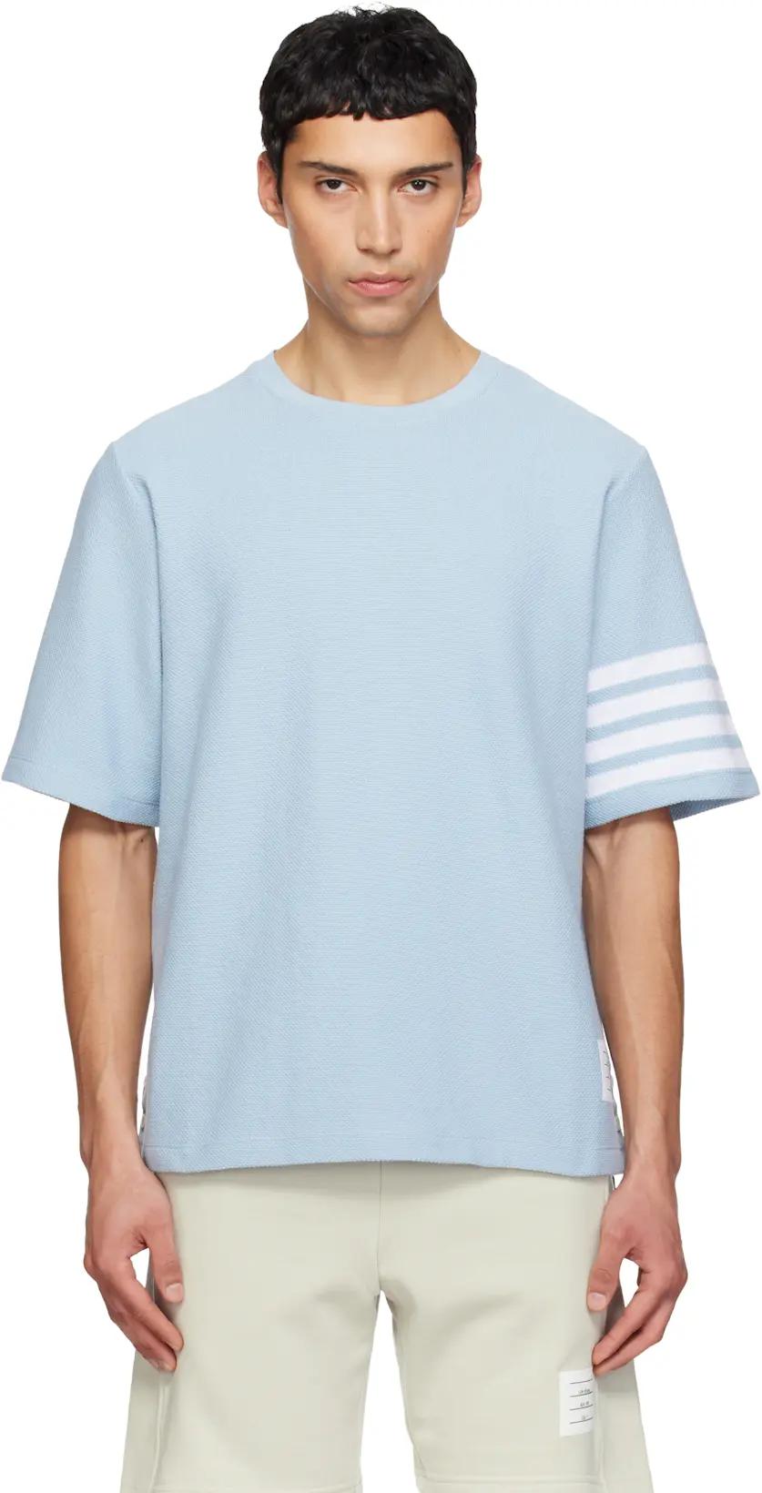 Blue Textured Pique 4-Bar T-shirt by THOM BROWNE