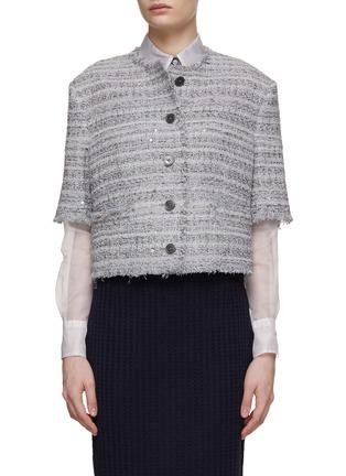 Box Pleat Frayed Edge Tweed Cardigan With Tulle Sleeves by THOM BROWNE