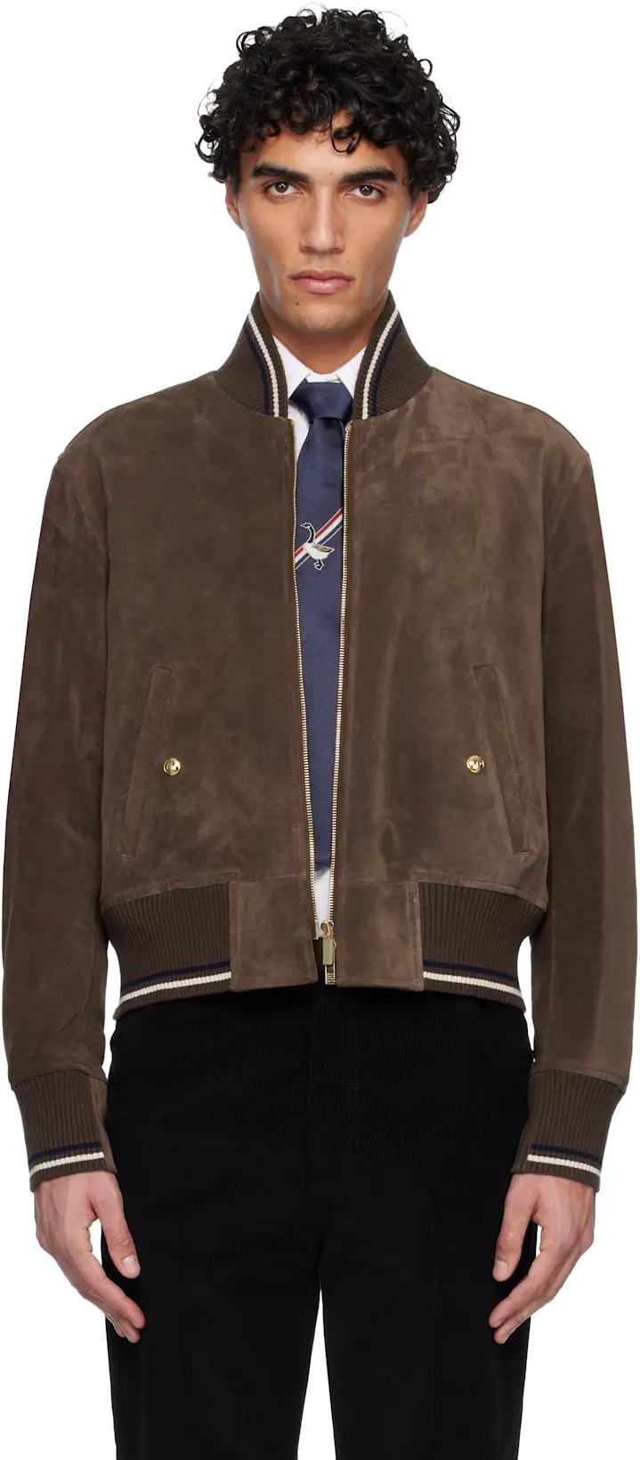Brown Knit Rib Blouson Suede Jacket by THOM BROWNE