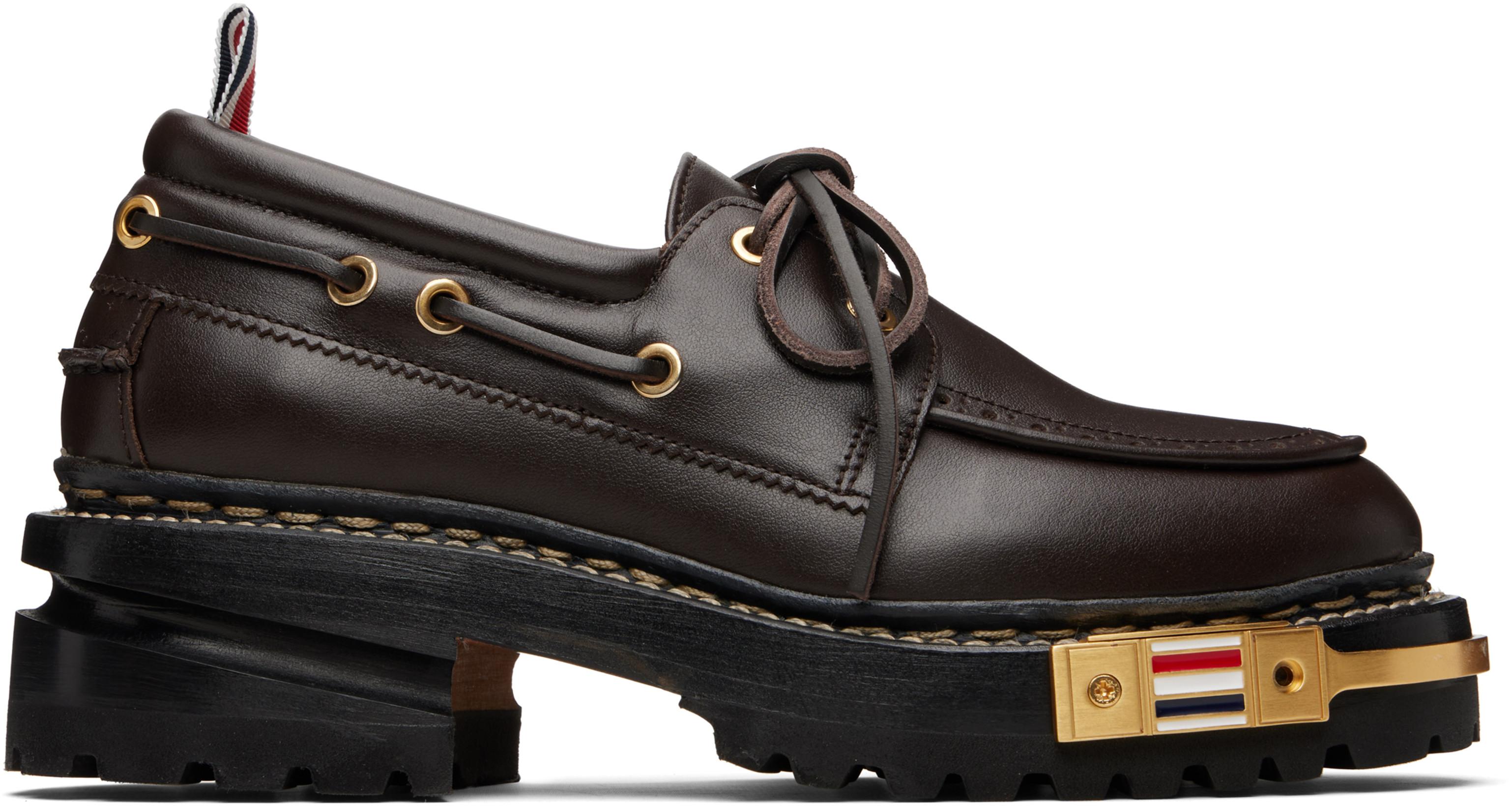 Brown Vitello Calf Hiking Leather Sole Boat Shoes by THOM BROWNE