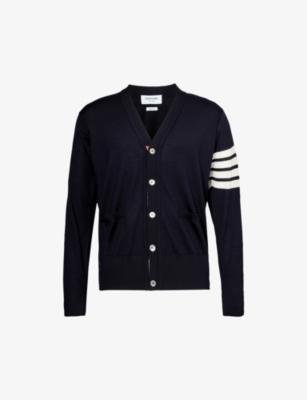 Four-bar V-neck wool-knitted cardigan by THOM BROWNE