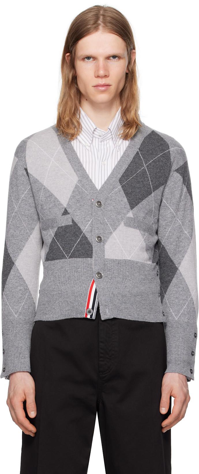 Gray Argyle Intarsia Cashmere V Neck Cardigan by THOM BROWNE