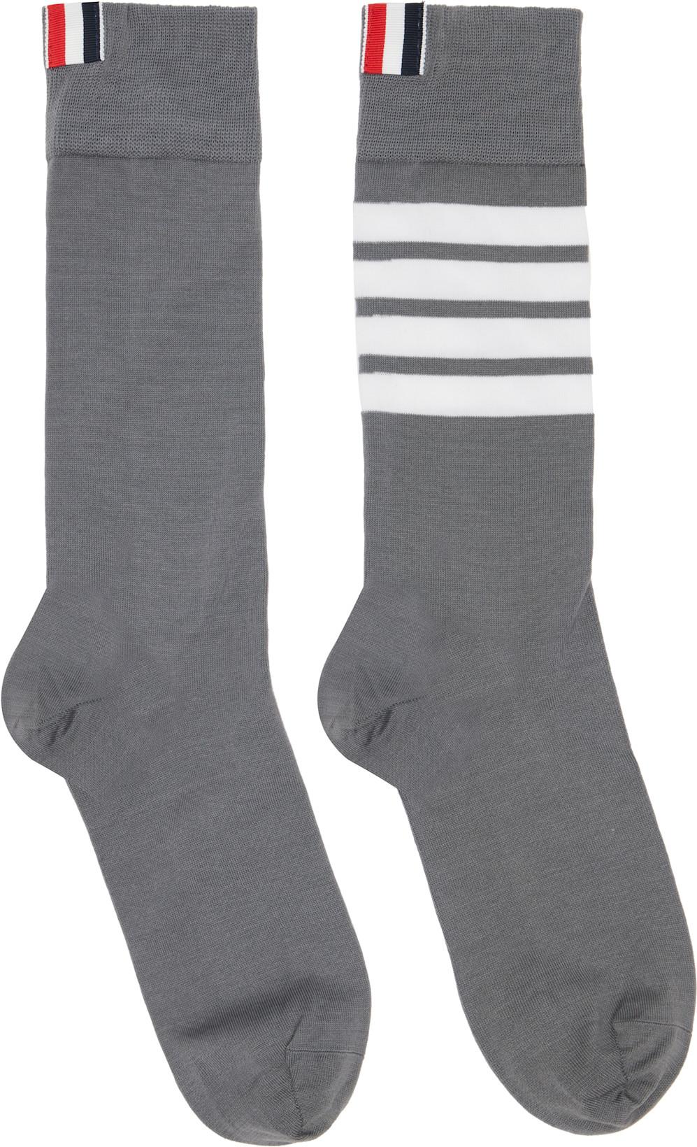 Gray Cotton 4-Bar Mid Calf Socks by THOM BROWNE