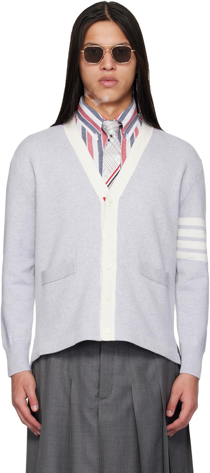 Gray Crest Intarsia Jacquard 4-Bar Rugby Fit Cardigan by THOM BROWNE