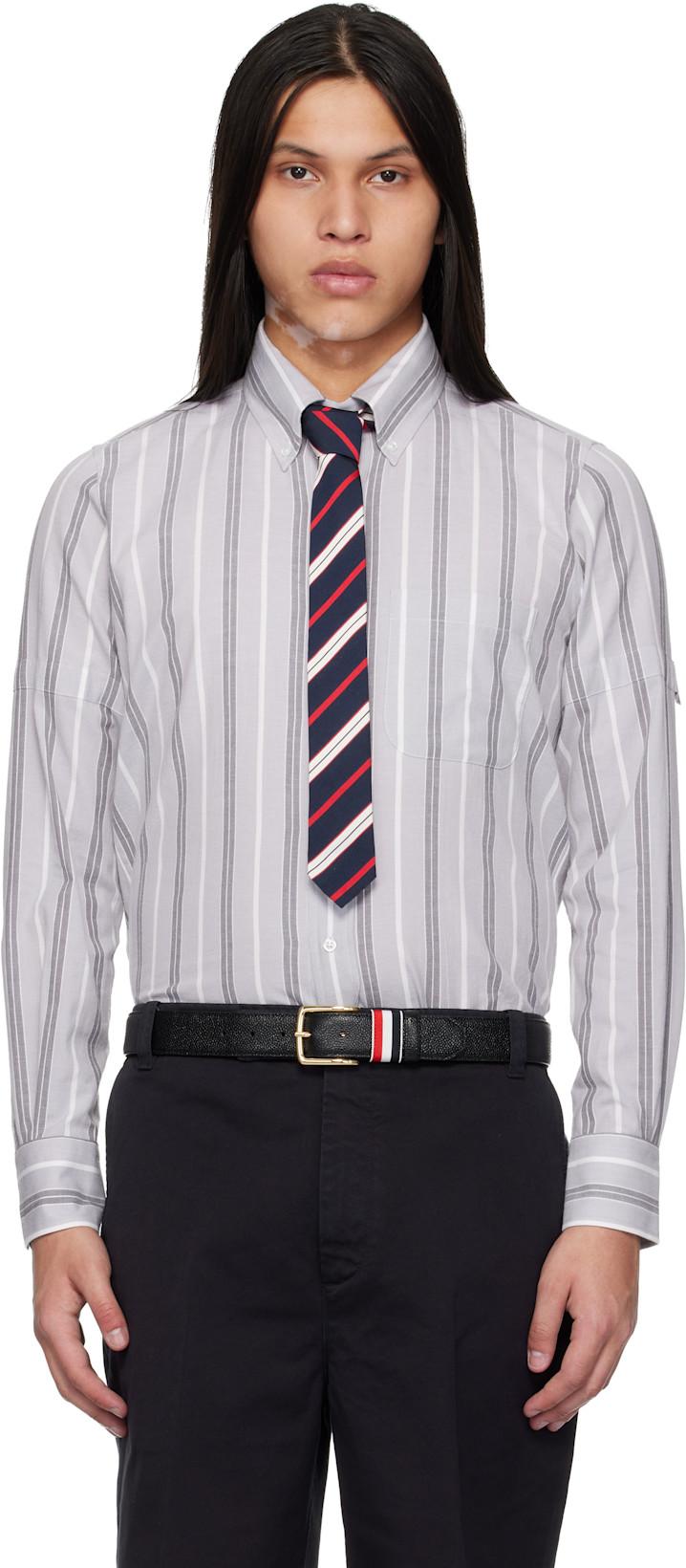 Gray Madras Cotton Repp Stripe Armband Shirt by THOM BROWNE
