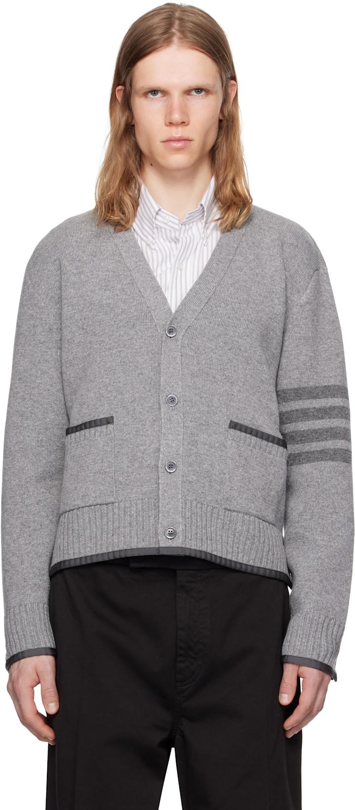 Gray Milano Stitch V Neck Cardigan by THOM BROWNE
