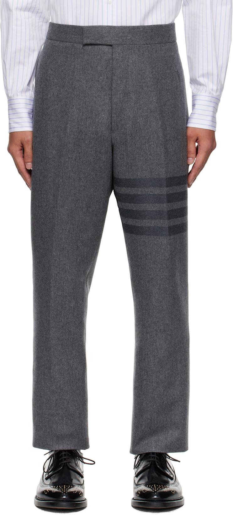 Gray Plain Weave 4-Bar Trousers by THOM BROWNE