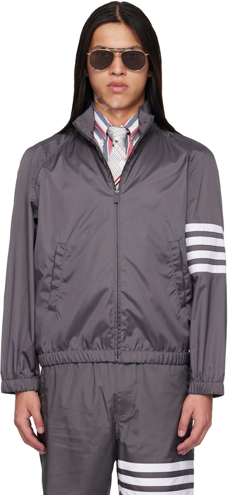 Gray Shiny Ripstop Raglan 4-Bar Track Jacket by THOM BROWNE