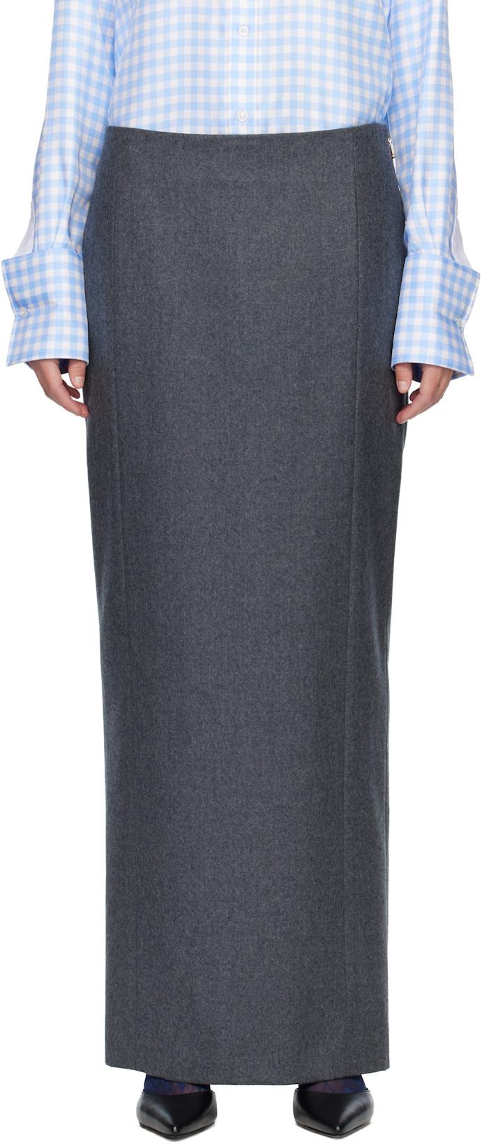 Gray Solid Wool Flannel Pencil Maxi Skirt by THOM BROWNE