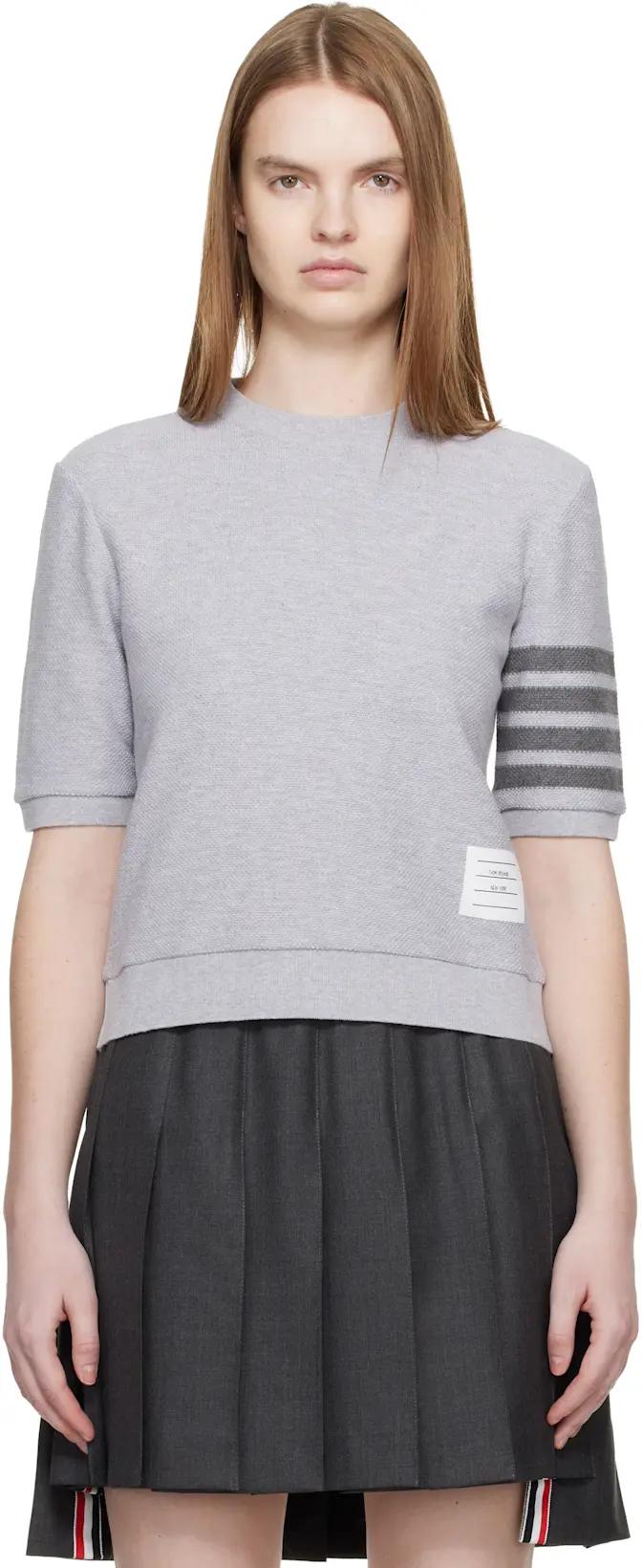 Gray Textured Cotton Pique 4-Bar T-shirt by THOM BROWNE