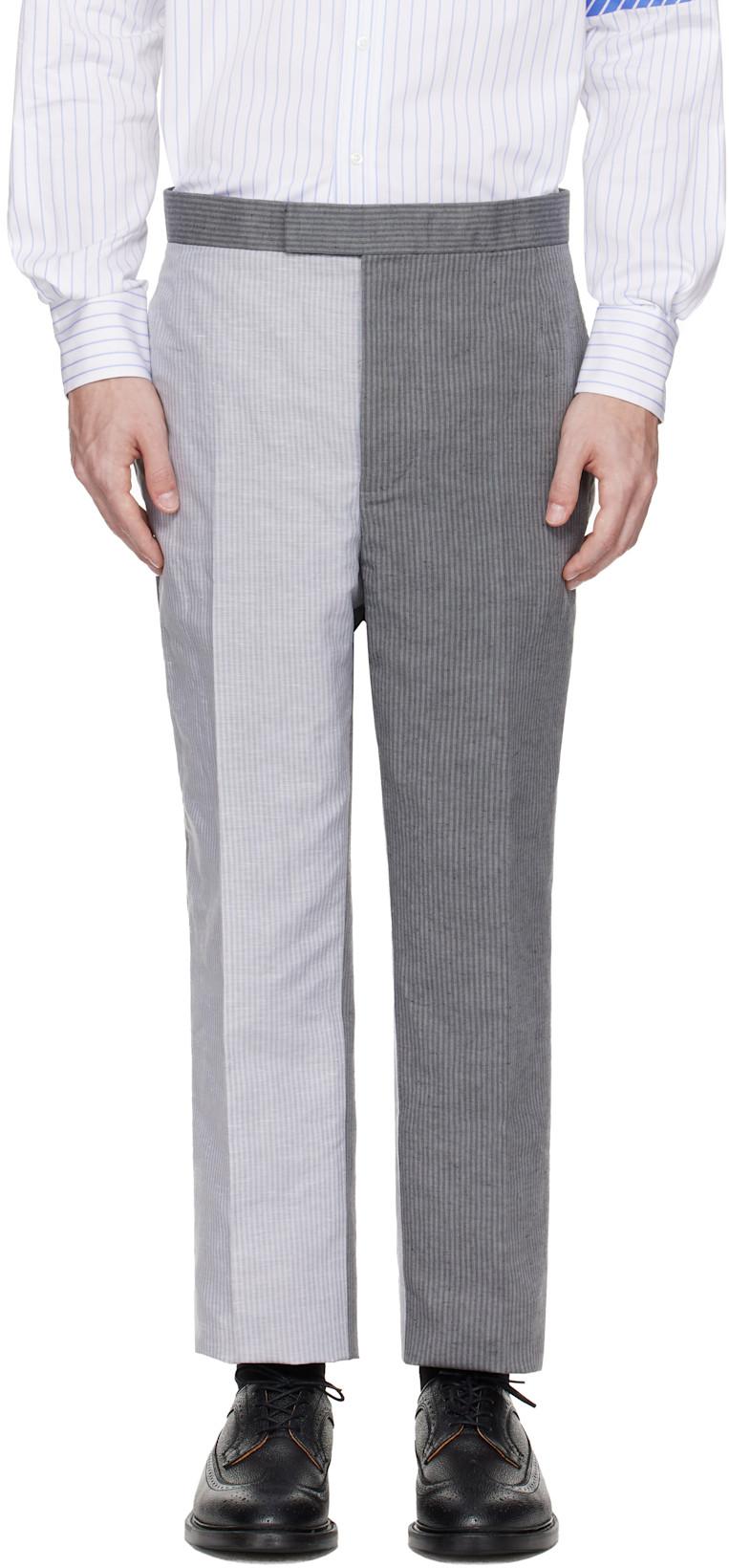 Gray University Stripe Linen Cotton Trousers by THOM BROWNE
