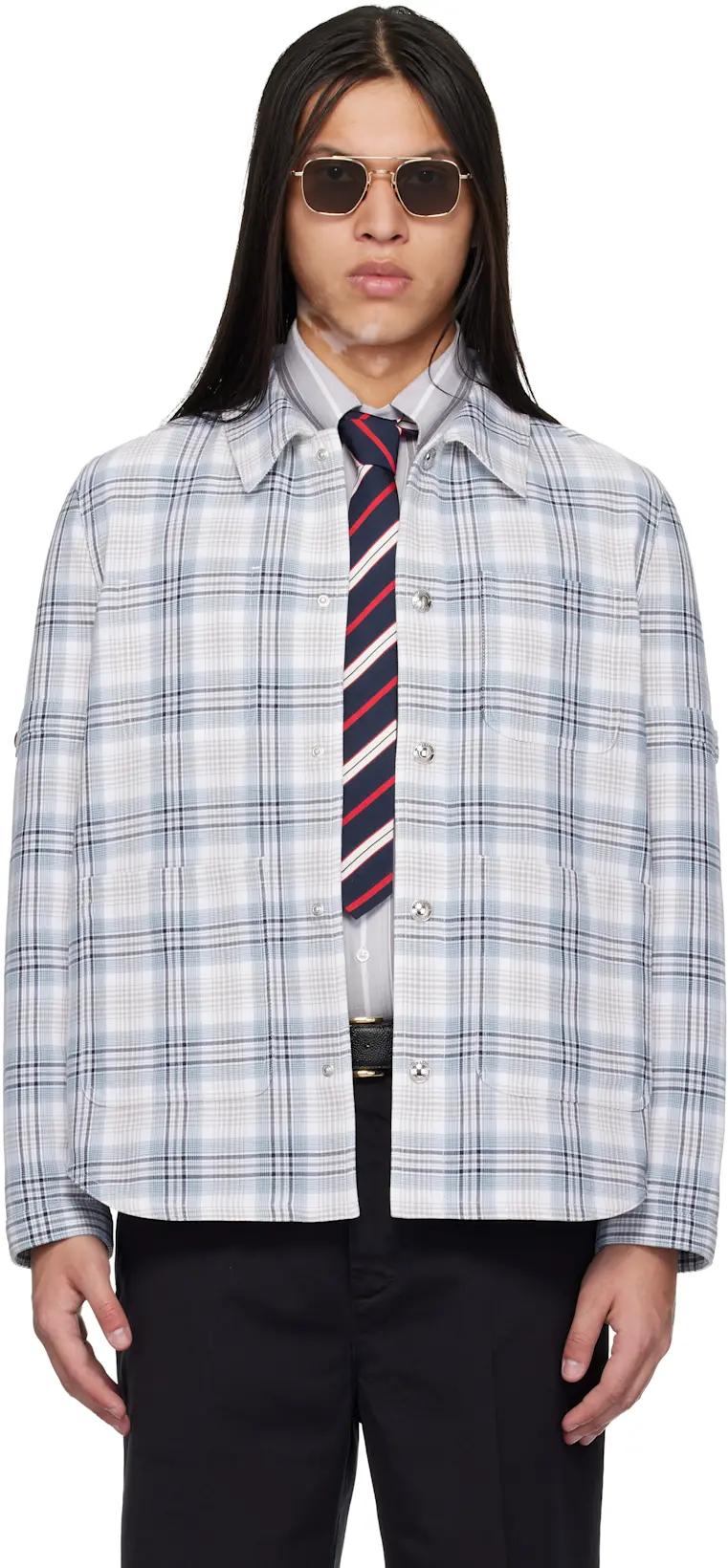 Gray Windowpane Plaid Armband Utility Jacket by THOM BROWNE