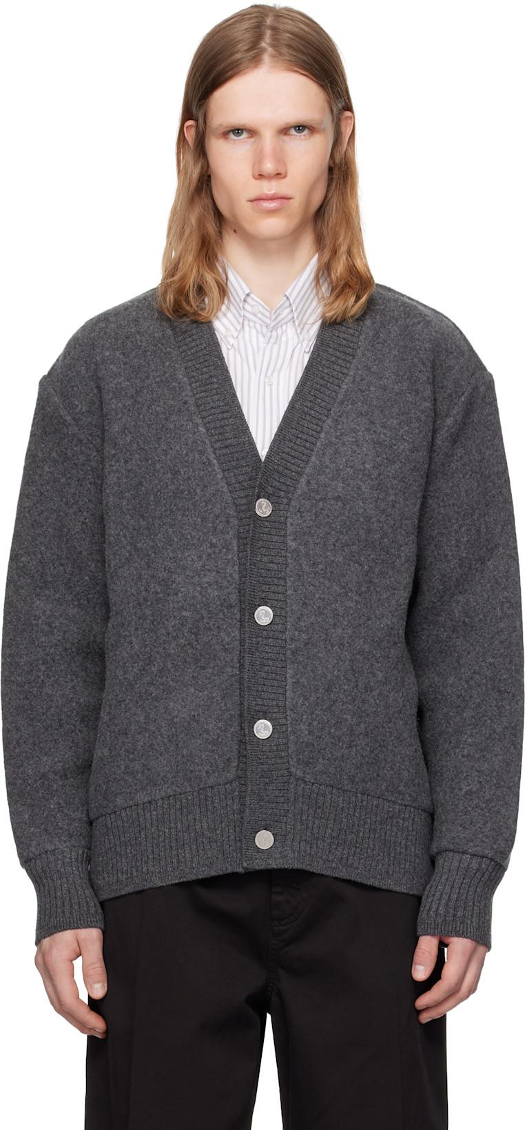 Gray Wool Fleece Oversized V Neck Cardigan by THOM BROWNE