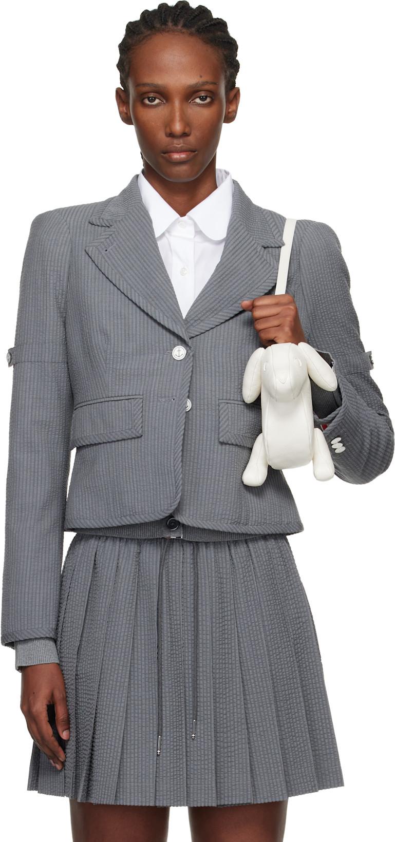 Gray Wool Seersucker Cropped Blazer by THOM BROWNE