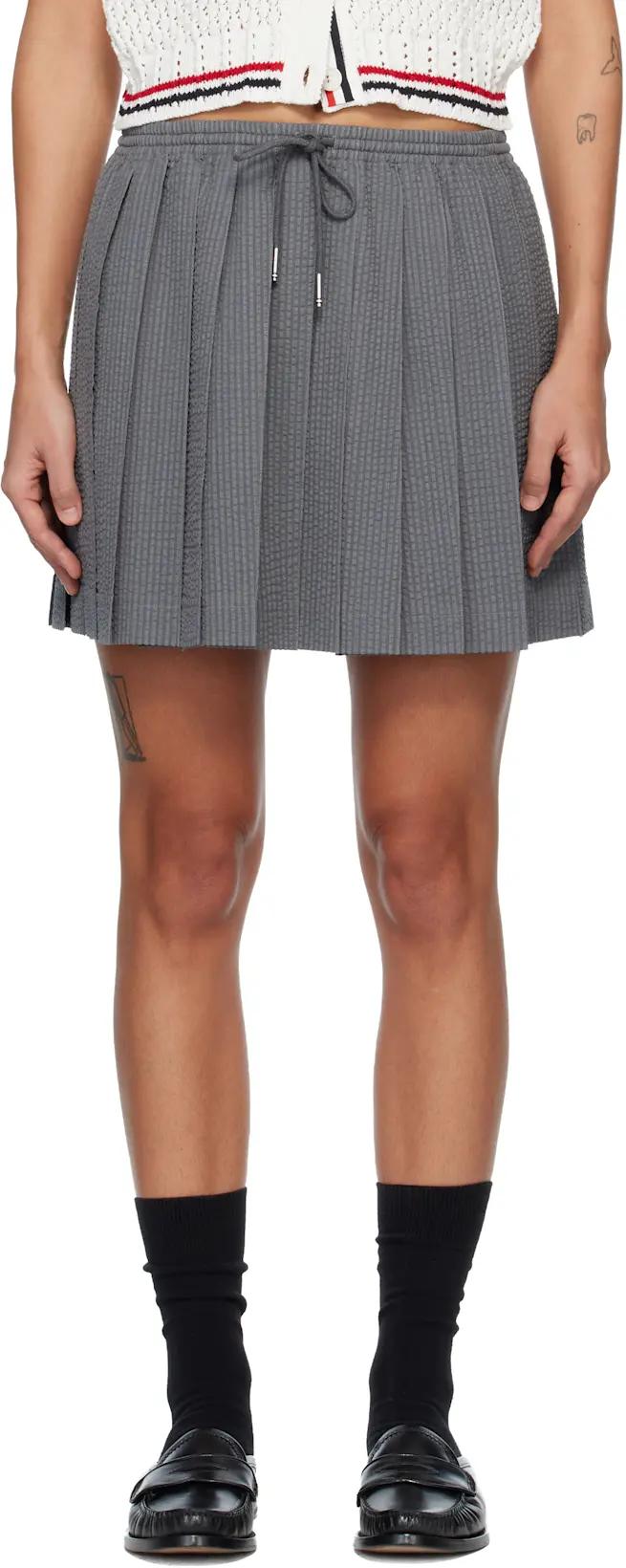 Gray Wool Seersucker Drawstring Pleated Miniskirt by THOM BROWNE