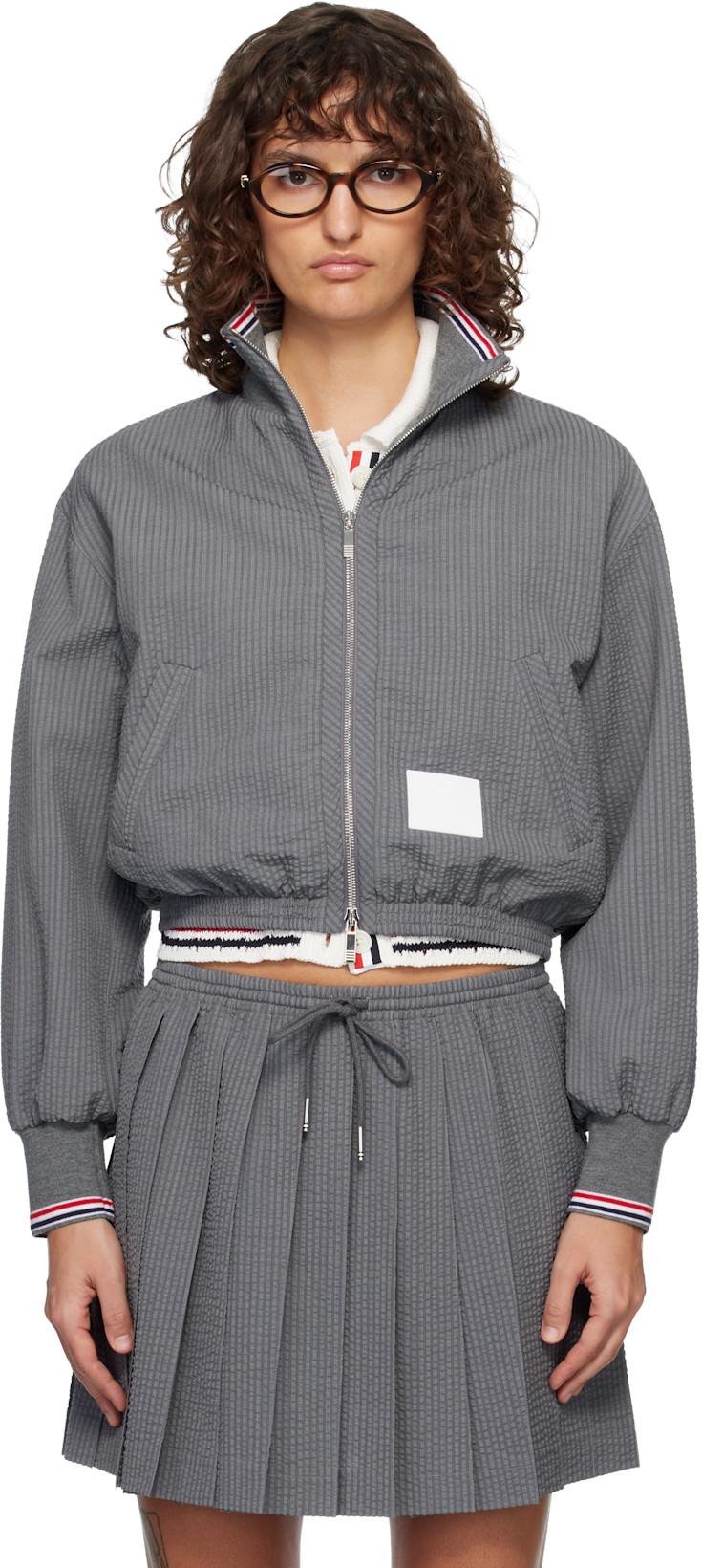 Gray Wool Seersucker Zip Up Track Jacket by THOM BROWNE