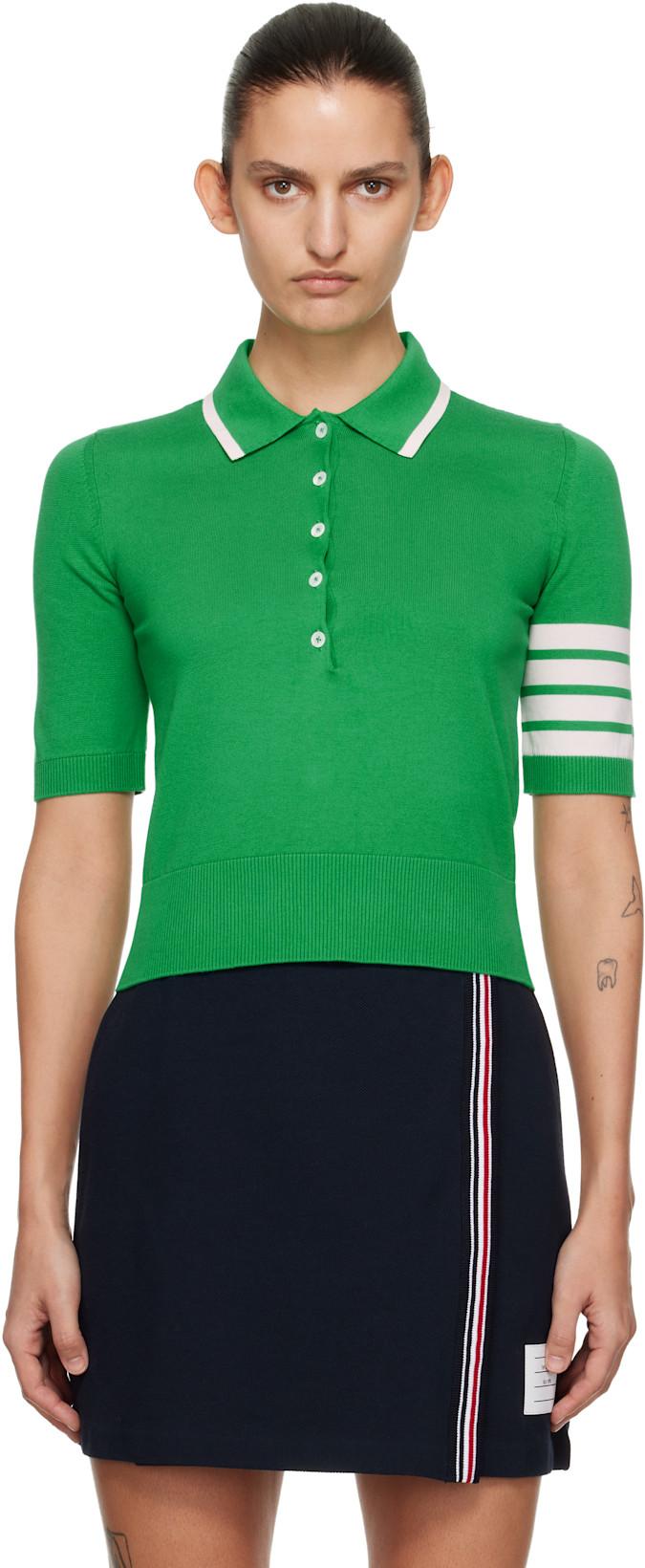 Green Hector Intarsia Cotton 4-Bar Stripe S/S Polo by THOM BROWNE